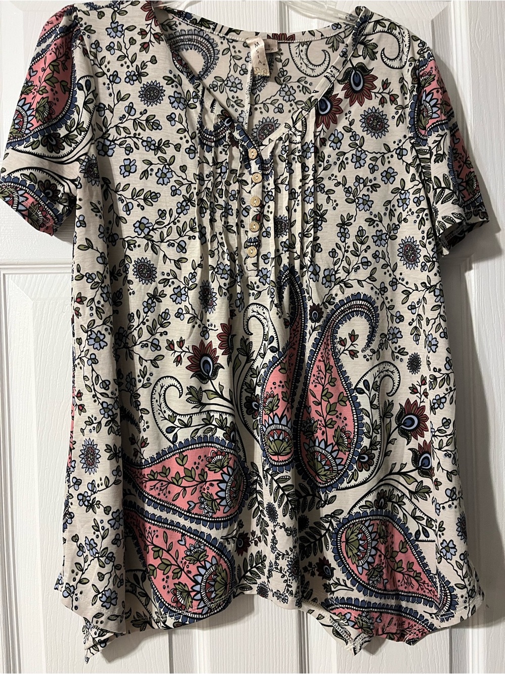 Misia Cream Paisley Short-Sleeve Blouse with Pink & Navy Accents